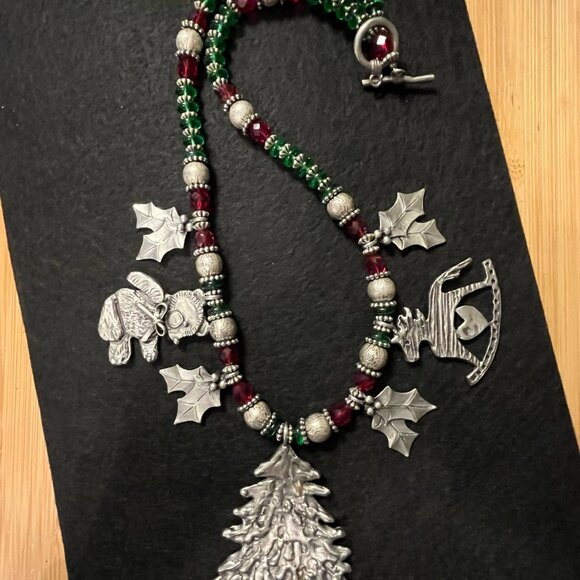 Vintage Signed MARCIE Christmas Holiday Necklace Pewter Charms and Glass Beads - Picture 3 of 5
